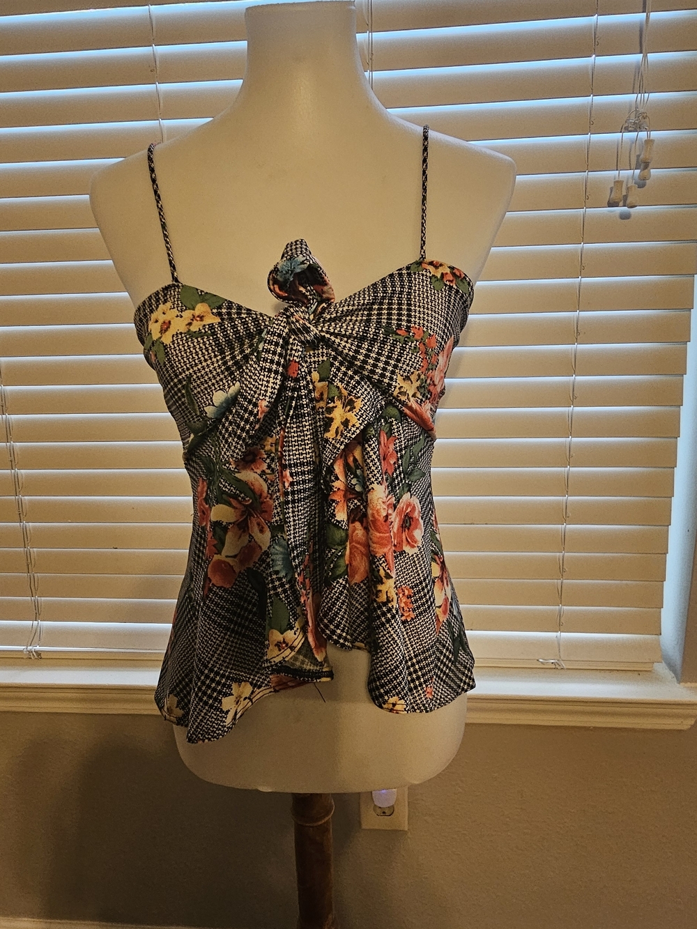 Only Black Multi Floral Gingham Tie-Front Cami